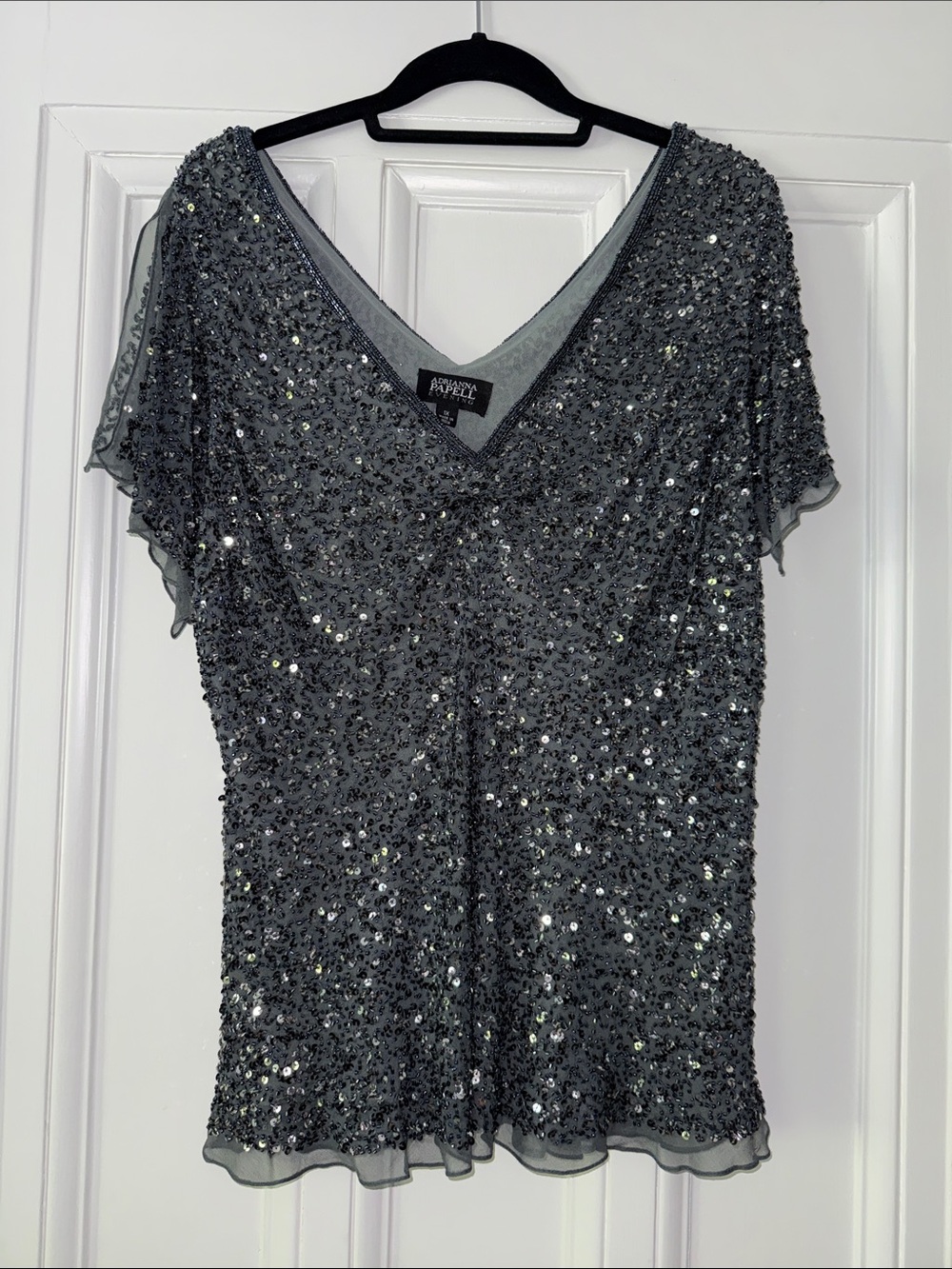 Adrianna Papell Evening Beaded Sequin V-Neck Top in Gray